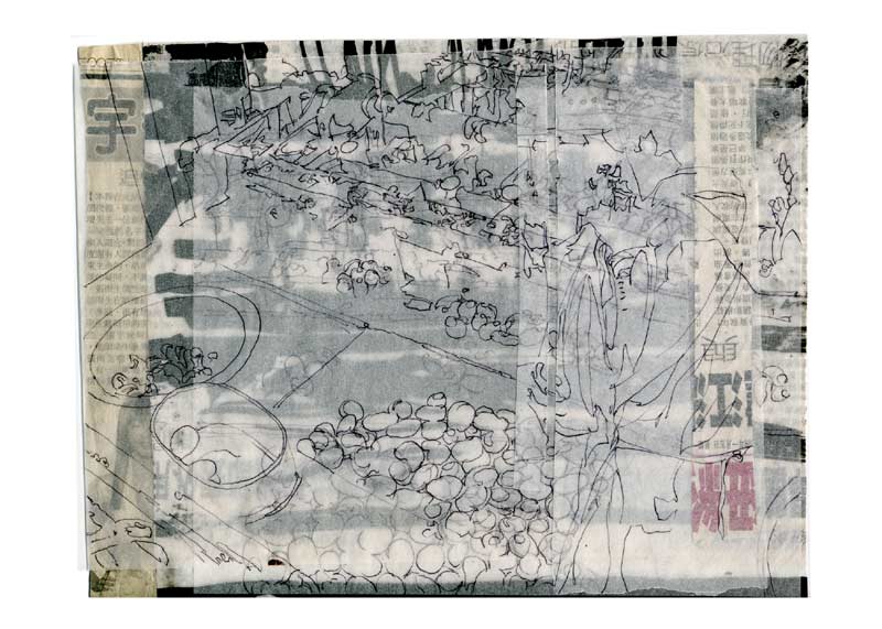 Lee Lee - Silk spinners in Sou Chou, China. Ballpoint pen drawings on vellum collaged with Chinese newspaper