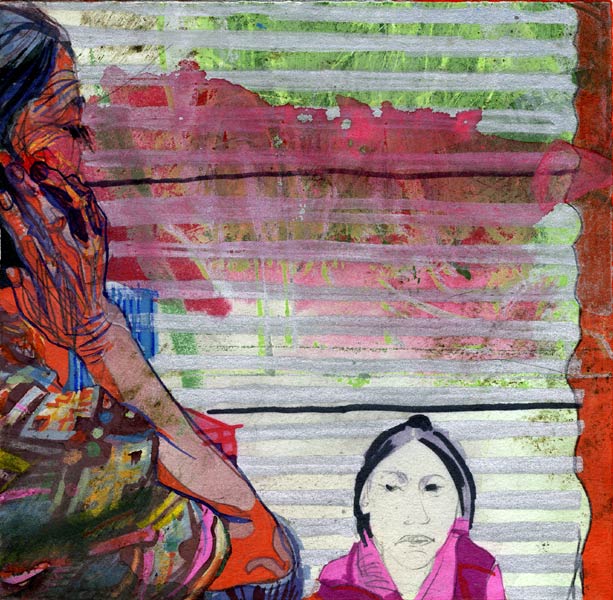 Lee Lee | Chichicastenango Market, Guatemala 2009
Mixed media including tar, sharpie, colored pencil, watercolor and gouache on torn stone lithograph