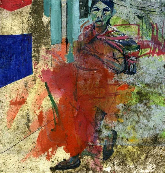 Lee Lee | Chichicastenango Market, Guatemala 2009
Mixed media including tar, sharpie, colored pencil, watercolor and gouache on torn stone lithograph