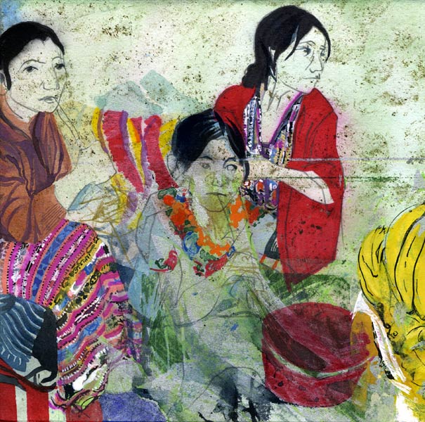 Lee Lee | Chichicastenango Market, Guatemala 2009
Mixed media including tar, sharpie, colored pencil, watercolor and gouache on torn stone lithograph