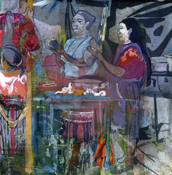 Lee Lee | Chichicastenango Market, Guatemala 2009
Mixed media including tar, sharpie, colored pencil, watercolor and gouache on torn stone lithograph