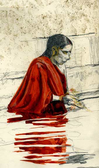 The Making of Dust by Lee Lee after the poem by Drew Myron. Pencil and gouache on paper tracked with fresh tar.