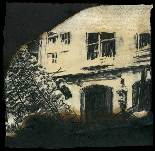 Lee Lee | lintheads | 11″ x 11″ | May 2007
Xerograph, charcoal, pencil and tar paper collaged with burnt Strathmore paper