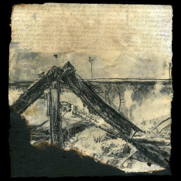 Lee Lee | lintheads | 11″ x 11″ | May 2007
Xerograph, charcoal, pencil and tar paper collaged with burnt Strathmore paper