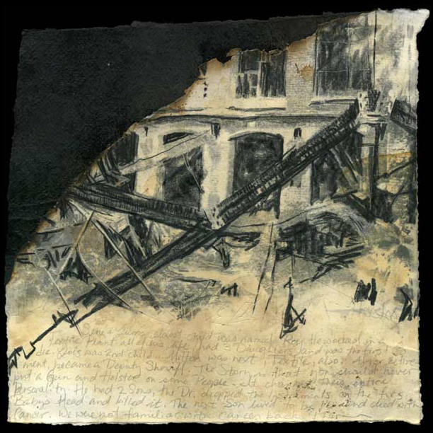 Lee Lee | lintheads | 11″ x 11″ | May 2007
Xerograph, charcoal, pencil and tar paper collaged with burnt Strathmore paper