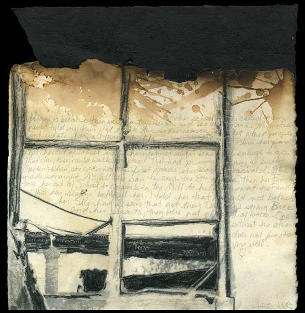 Lee Lee | lintheads | 11″ x 11″ | May 2007
Xerograph, charcoal, pencil and tar paper collaged with burnt Strathmore paper