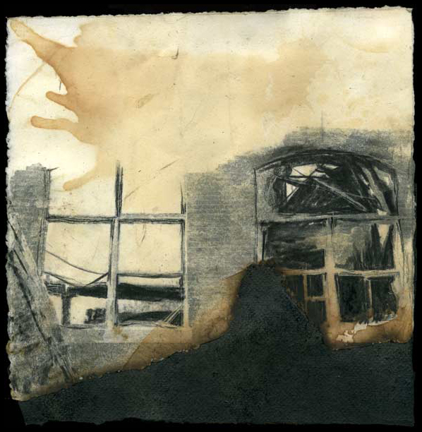 Lee Lee | lintheads | 11″ x 11″ | May 2007
Xerograph, charcoal, pencil and tar paper collaged with burnt Strathmore paper