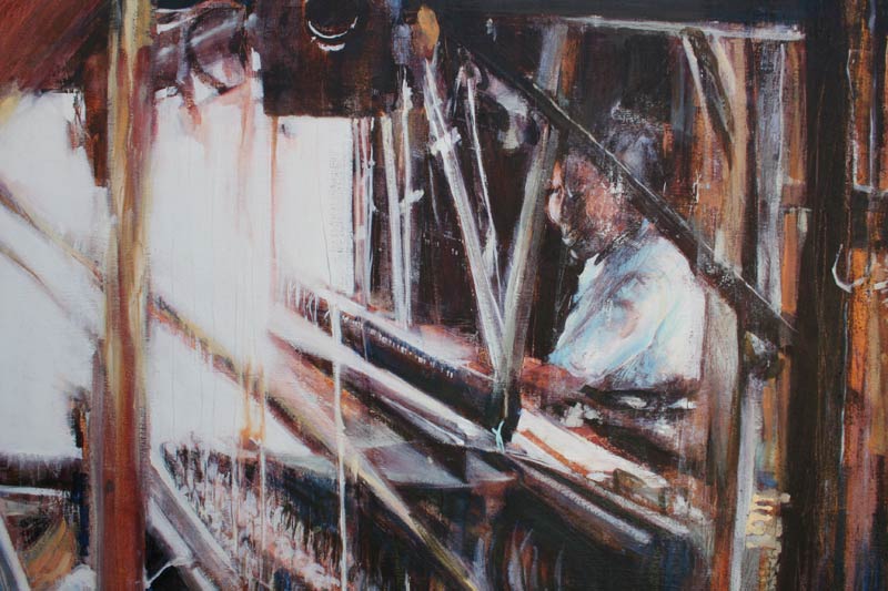 oil painting by Lee Lee of a cottonweaver on Inle Lake, Burma