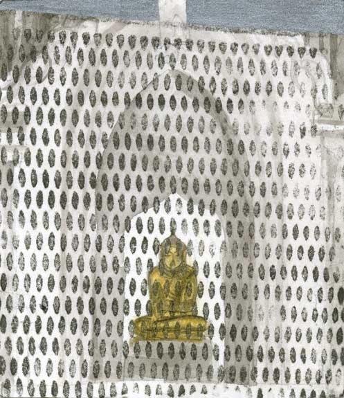 Confined Shrine - mixed media artwork from Burma by Lee Lee - watercolor over xerograph & collage