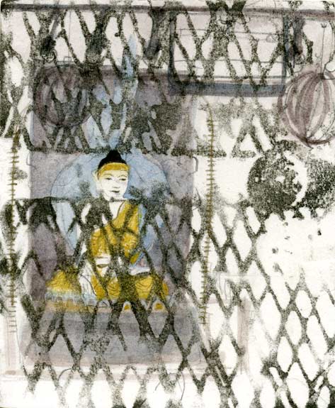 Confined Shrine - mixed media artwork from Burma by Lee Lee - watercolor over xerograph & collage