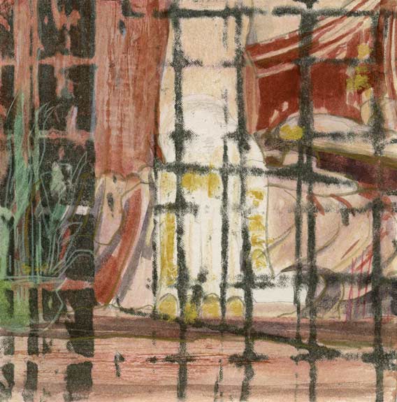 Confined Shrine - mixed media artwork from Burma by Lee Lee - watercolor over xerograph & collage