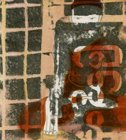 Confined Shrine - mixed media artwork from Burma by Lee Lee - watercolor over xerograph & collage