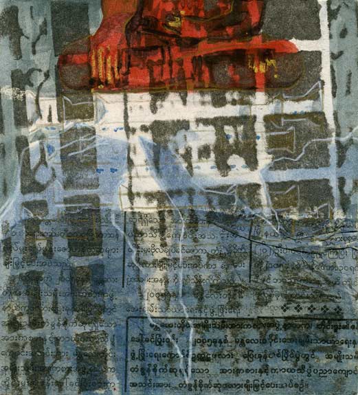 Confined Shrine - mixed media artwork from Burma by Lee Lee - watercolor over xerograph & collage