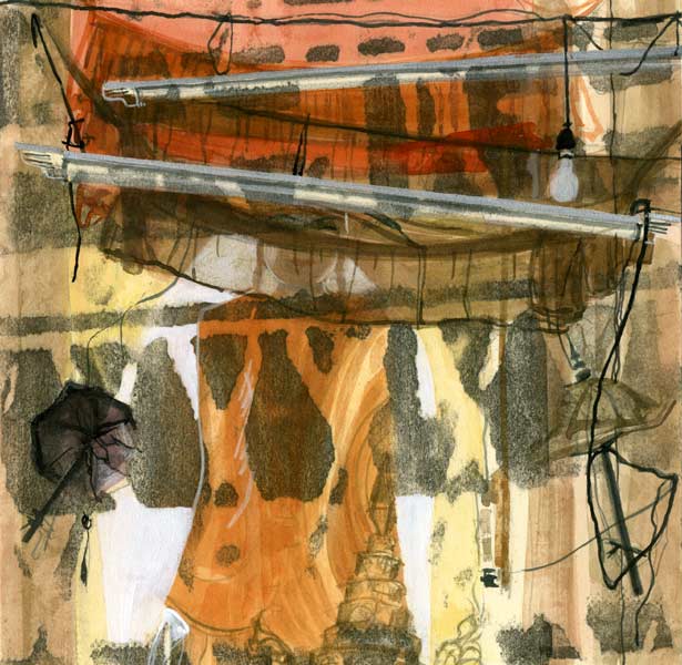 Confined Shrine - mixed media artwork from Burma by Lee Lee - watercolor over xerograph & collage