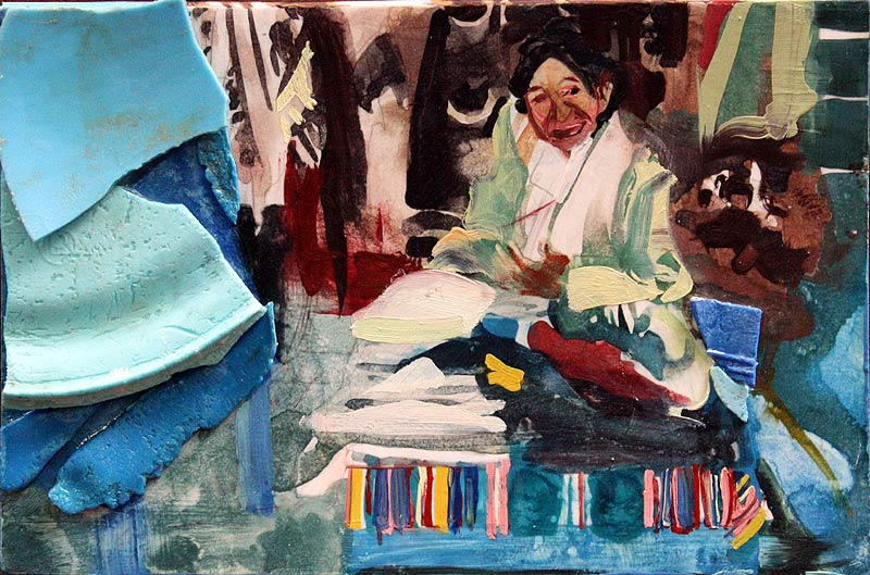 A grandmother in Bolivia protects her traditional crafts from rain in her market stall. - mixed media painting by Lee Lee