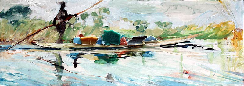 A dugout canoe in the Okavango Delta, Botswana protects cargo with plastic tarps. Mixed media painting by Lee Lee