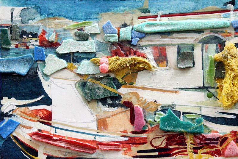 Fishermen in Greece rely on plastic to bring in their catch - mixed media painting by Lee Lee
