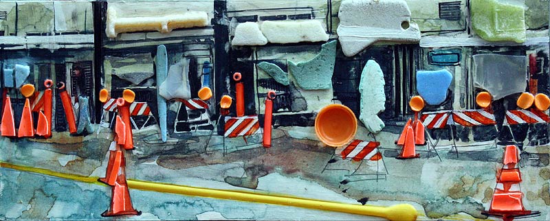 Road construction in Honolulu, Hawai'i warn drivers against the dangers presented by the torn up street. Mixed media artwork created by Lee Lee