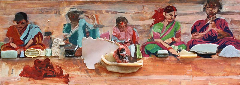 A group of women along the sacred Ganga river in Varanasi, India use an assortment of plastic objects as part of their rituals of worship. Mixed media artwork created by Lee Lee