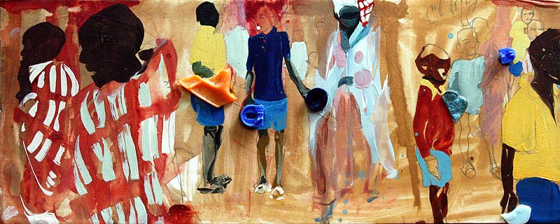 A grandmother in Kenya walks through a group of students dressed in and holding an assortment of plastic paraphernalia. Mixed media artwork by Lee Lee