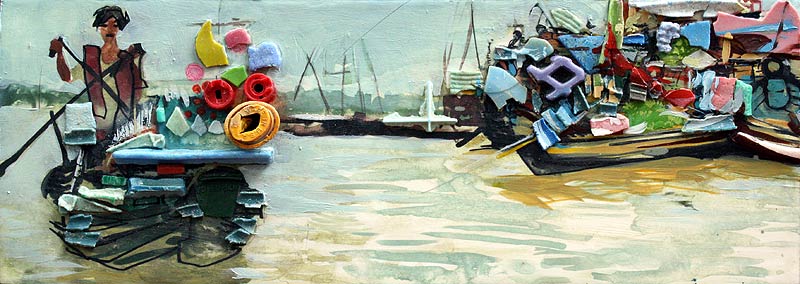 A toy shop in the floating market in the Mekong Delta in Vietnam displays an assortment of plastic toys for sale. Mixed media artwork by Lee Lee