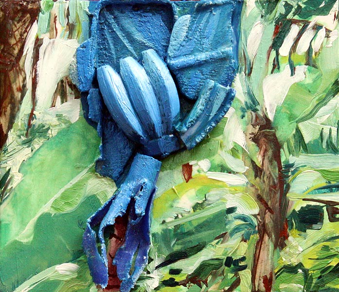 Plastic covers bananas in groves in the West Indies to help ripen the fruit and combats destructive insects without having to broadcast as many pesticides. Mixed media artwork by Lee Lee