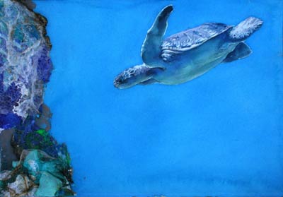 Lee Lee: Turtle swimming in a plastic ocean - watercolor with collaged plastic burned with a blowtorch