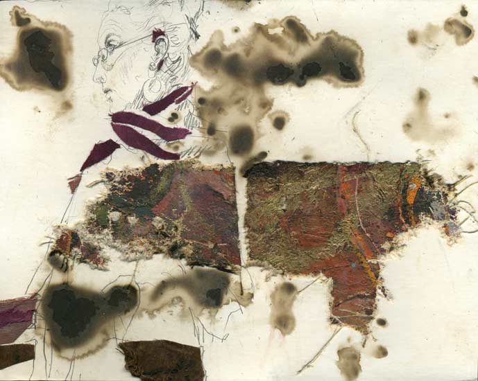 Drawing by Lee Lee: Vrnda - Media: pencil & watercolor on matt board collaged with shotgunned oil paintings & raw silk, burnt with coals