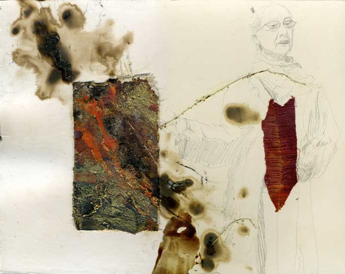 Drawing by Lee Lee: Vrnda - Media: pencil & watercolor on matt board collaged with shotgunned oil paintings & raw silk, burnt with coals