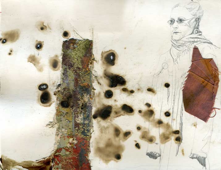 Drawing by Lee Lee: Vrnda - Media: pencil & watercolor on matt board collaged with shotgunned oil paintings & raw silk, burnt with coals