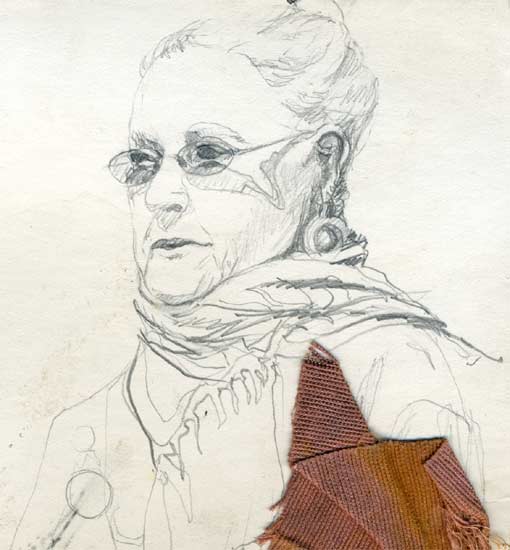 Drawing by Lee Lee: Vrnda - Media: pencil & watercolor on matt board collaged with shotgunned oil paintings & raw silk, burnt with coals