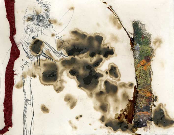 Drawing by Lee Lee: Vrnda - Media: pencil & watercolor on matt board collaged with shotgunned oil paintings & raw silk, burnt with coals