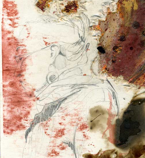 detail: Drawing by Lee Lee: Vrnda - Media: pencil & watercolor on matt board collaged with shotgunned oil paintings & raw silk, burnt with coals