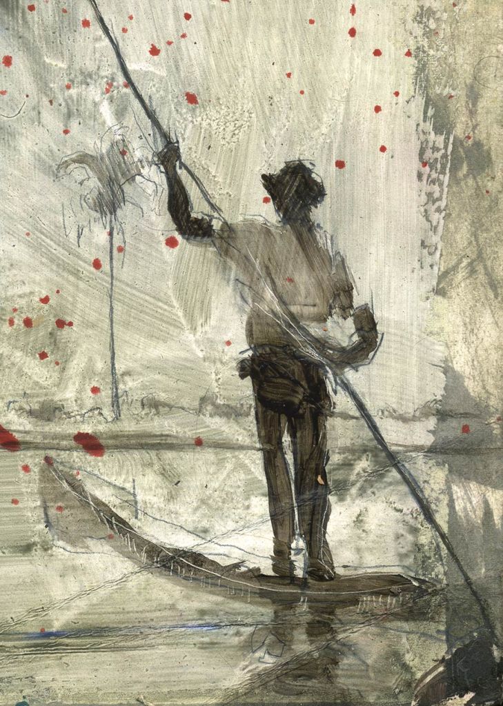 oil painting on paper by Lee Lee: Ra Simon leads the way through the Okavango Delta, Botswana