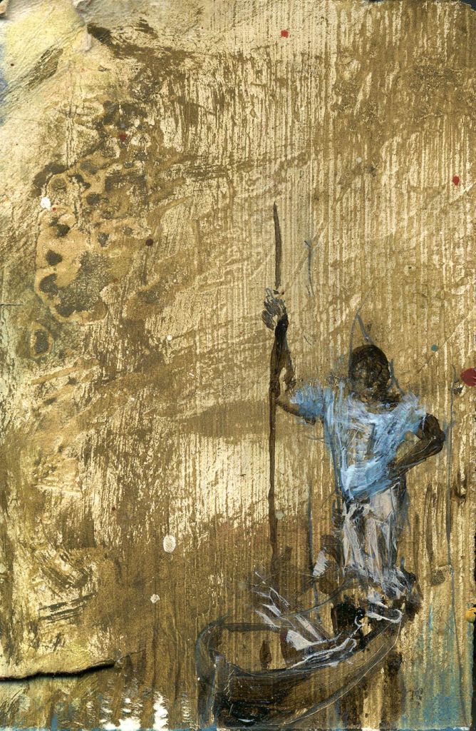 oil painting on paper by Lee Lee: Ra B holds the group steady in the line of 3 dugout canoes in the Okavango Delta, Botswana