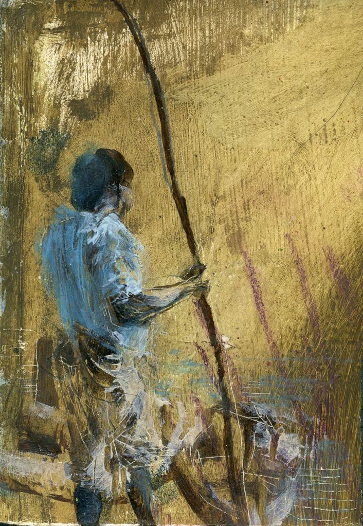 oil painting on paper by Lee Lee: Ra B observes the campsite in the Okavango Delta, Botswana