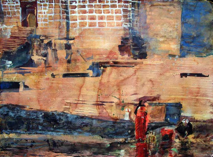 Lee Lee - watercolor from Varanasi Ghats, India - Mudflats | watercolor, pencil, oxidized copper & blood on handmade Indian paper | 21.5” x 29”