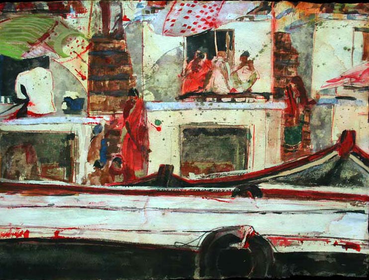 Lee Lee - India Ghat | watercolor, pencil, oxidized copper & blood on handmade Indian paper | 21.5” x 29”