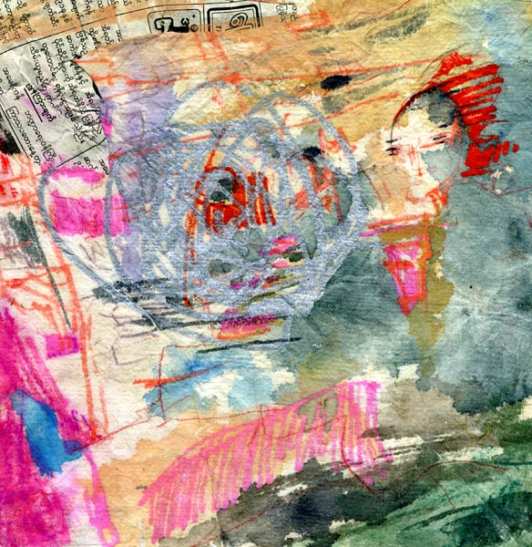 Lee Lee: Watercolor drawing & collage of the Intha market on Inle Lake in Burma