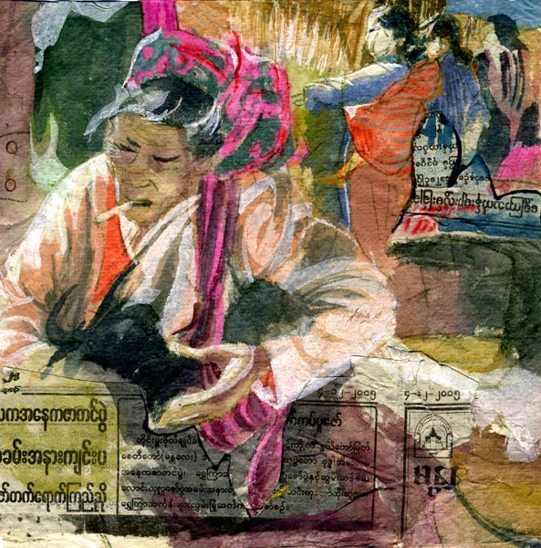 Lee Lee: Watercolor drawing & collage of the Intha market on Inle Lake in Burma