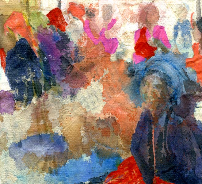 Lee Lee: Watercolor drawing & collage of the Intha market on Inle Lake in Burma