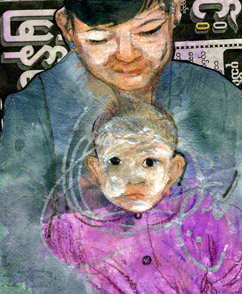 Lee Lee: Watercolor drawing & collage of the Intha market on Inle Lake in Burma