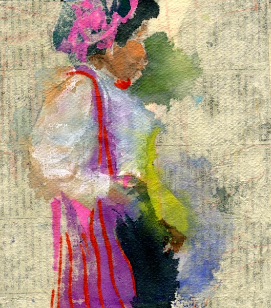 Lee Lee: Watercolor drawing & collage of the Intha market on Inle Lake in Burma