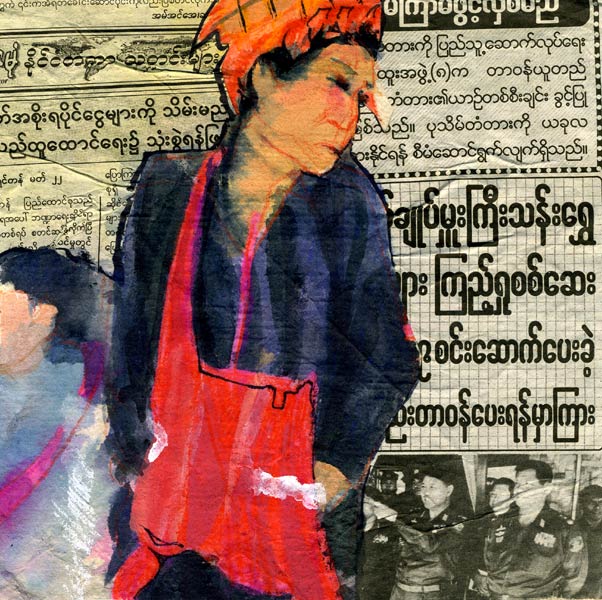 Lee Lee: Watercolor drawing & collage of the Intha market on Inle Lake in Burma