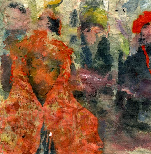 Lee Lee: Watercolor drawing & collage of the Intha market on Inle Lake in Burma