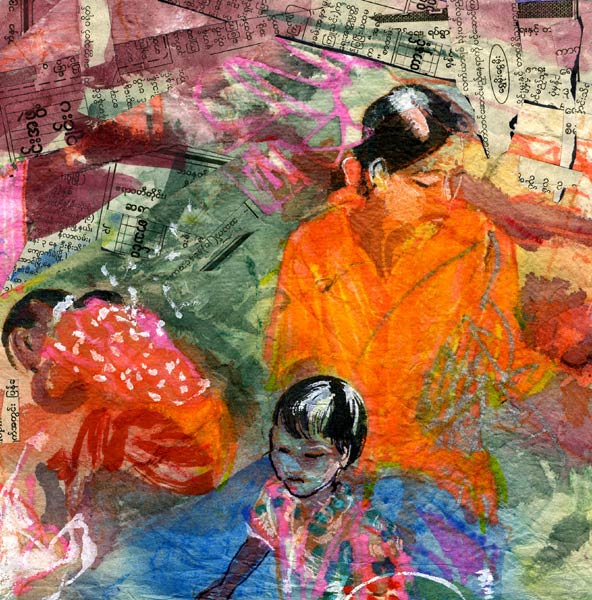 Lee Lee: Watercolor drawing & collage of the Intha market on Inle Lake in Burma