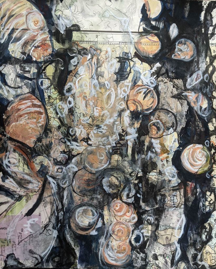 Lee Lee - mixed media drawing of periwinkle snails  on Chappaquoit Island off the coast of Cape Cod