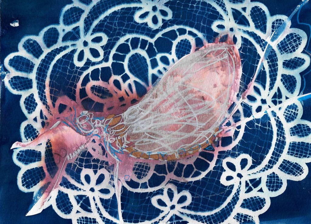 Lee Lee - Drake - Acequias - 2024 - TAOS distillery
Cyanotype of hand-made doily atop an ink/colored pencil drawing of a drake waterfly
